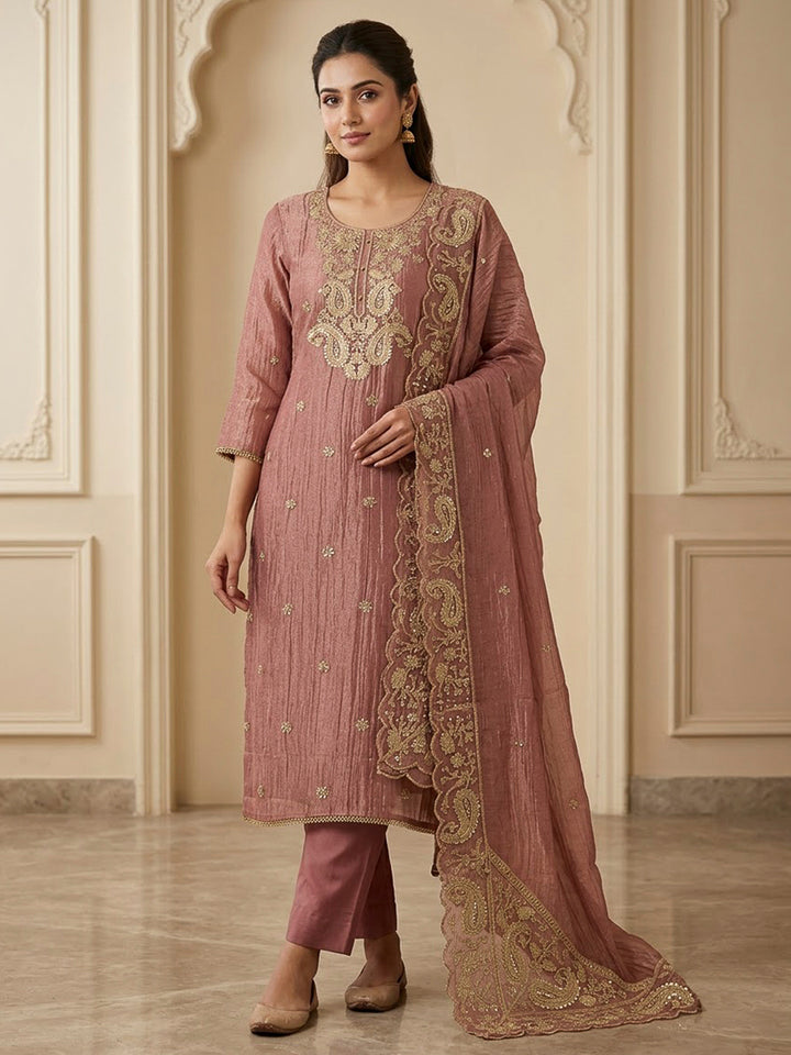 Onion Pink Organza Embroidered Unstitched Dress Material