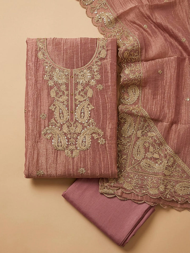 Onion Pink Organza Embroidered Unstitched Dress Material