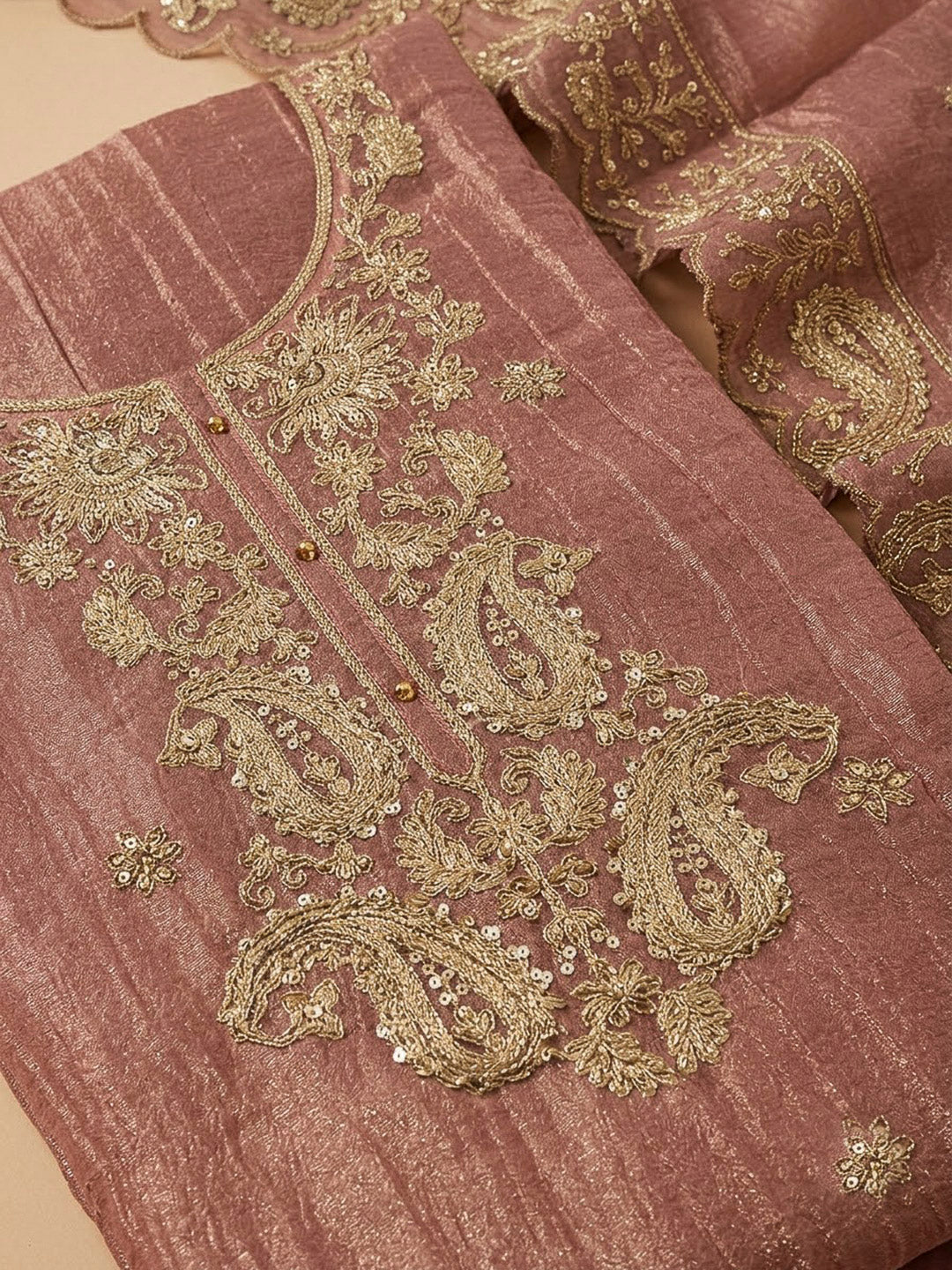 Onion Pink Organza Embroidered Unstitched Dress Material