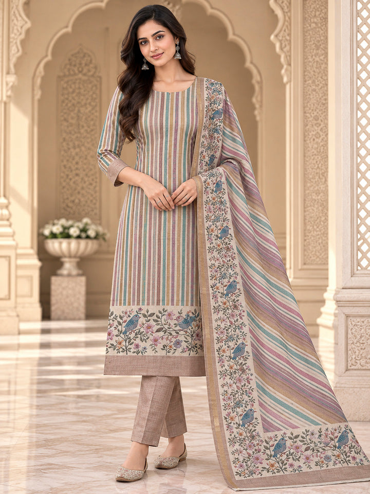 Beige Tussar Printed Unstitched Dress Material