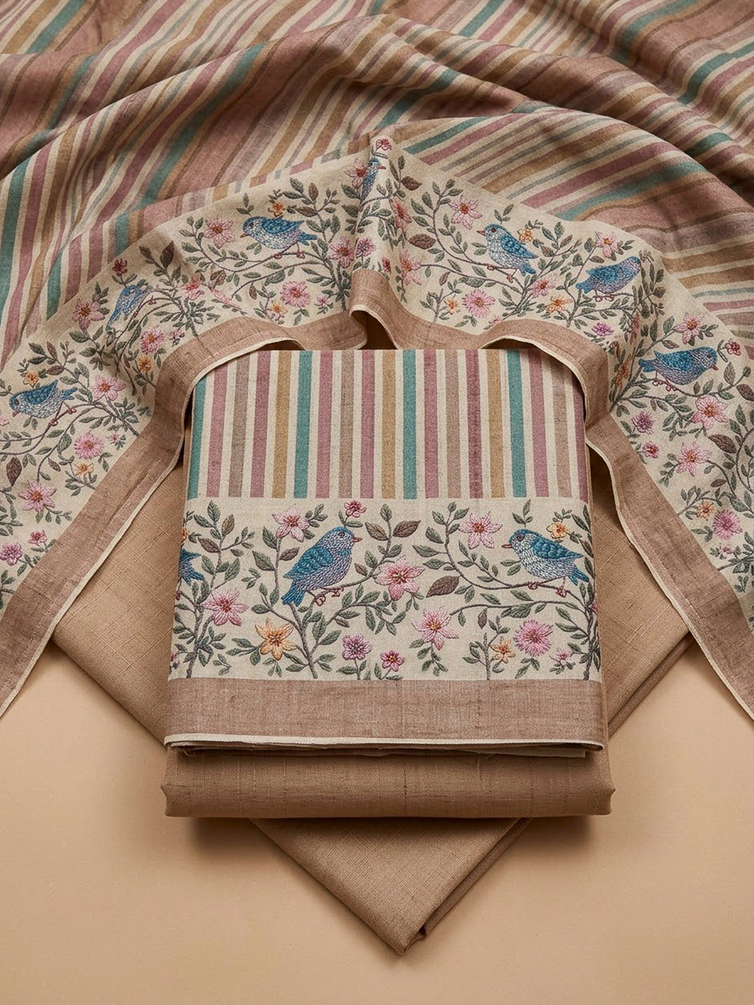 Beige Tussar Printed Unstitched Dress Material