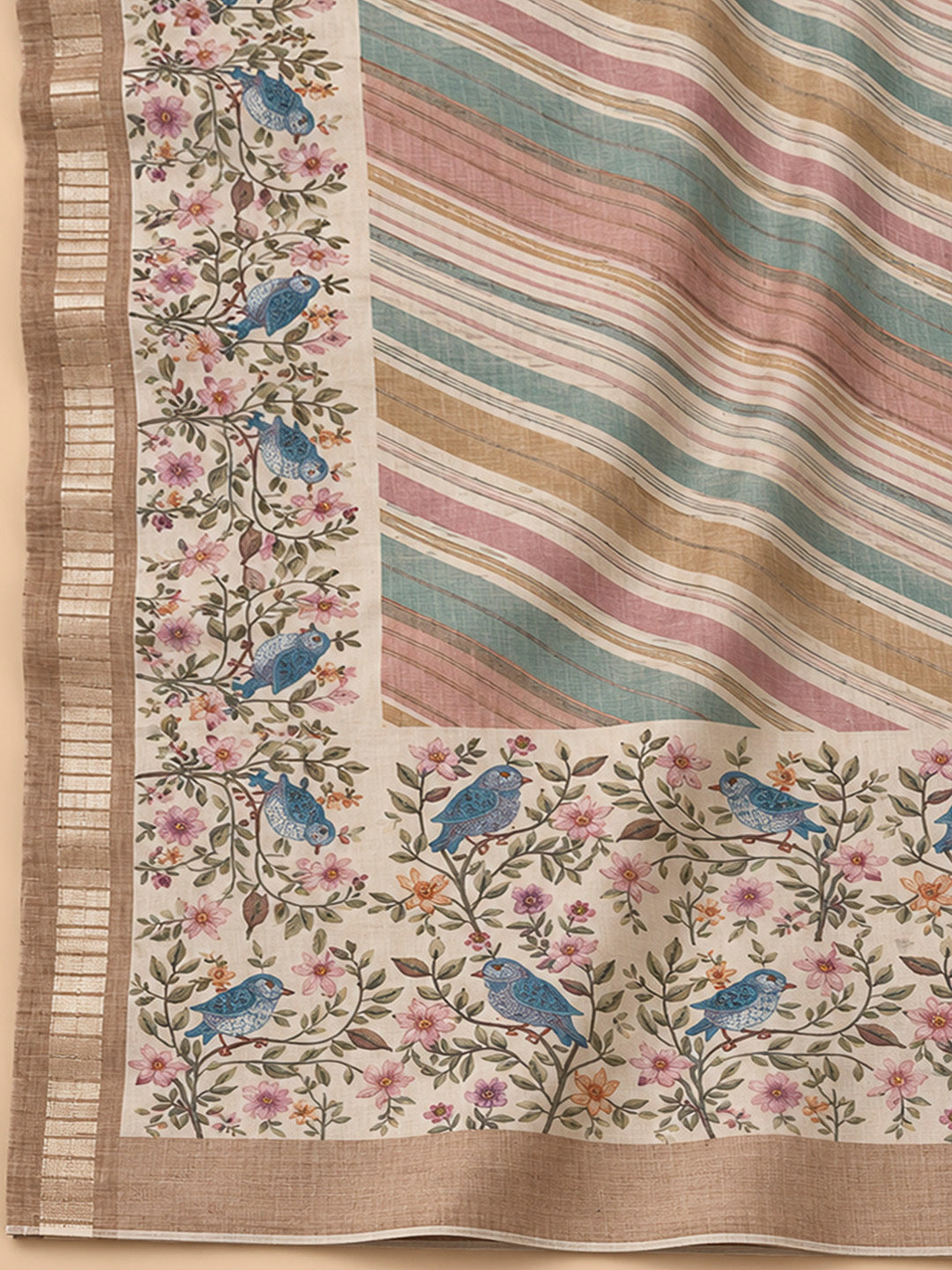 Beige Tussar Printed Unstitched Dress Material