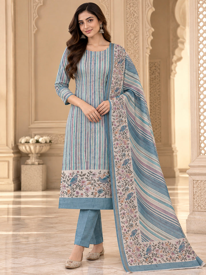 Blue Tussar Printed Unstitched Dress Material