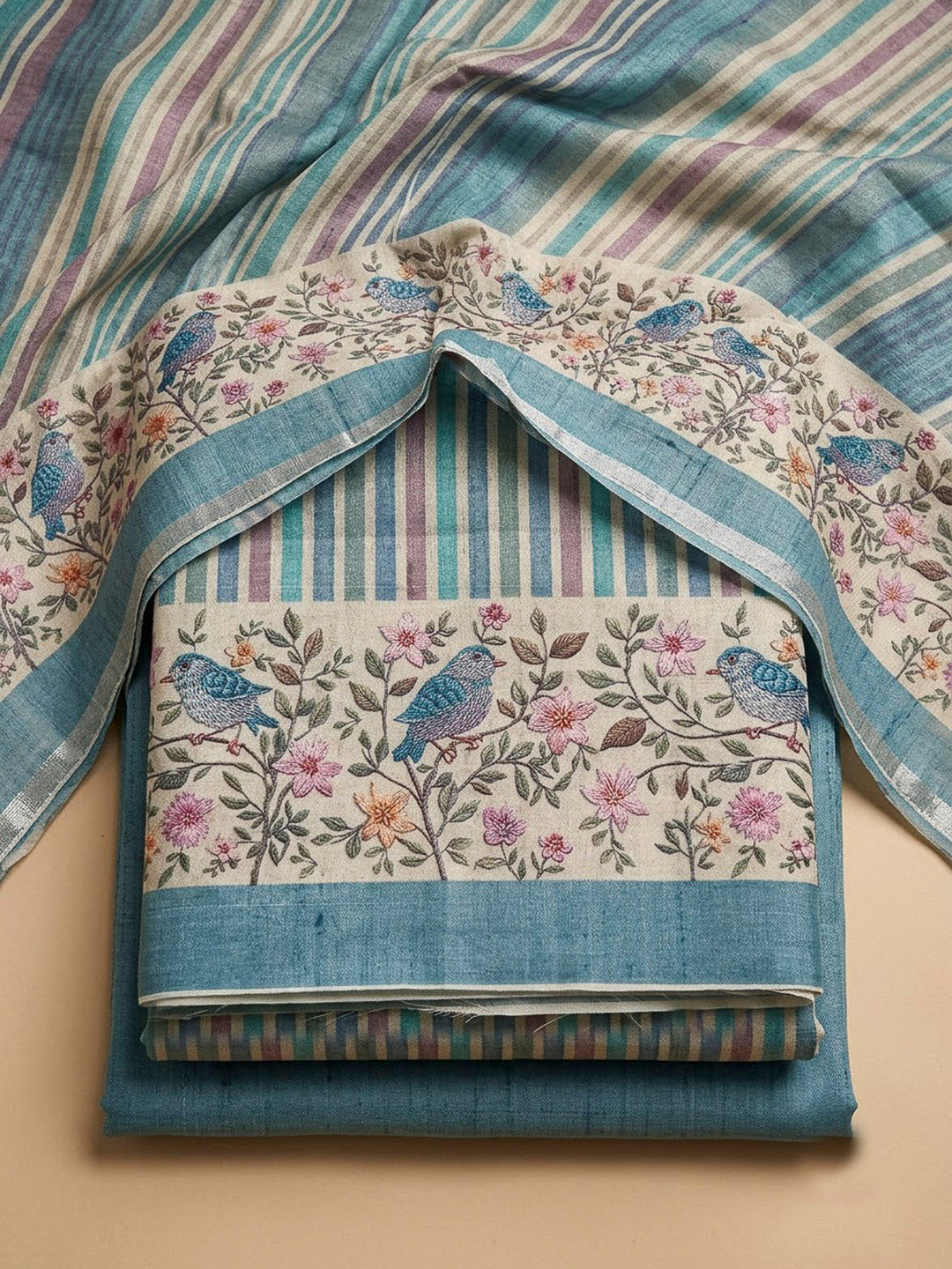 Blue Tussar Printed Unstitched Dress Material