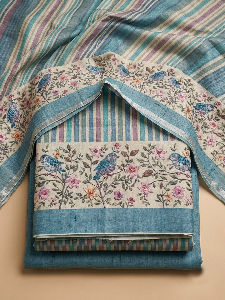 Blue Tussar Printed Unstitched Dress Material