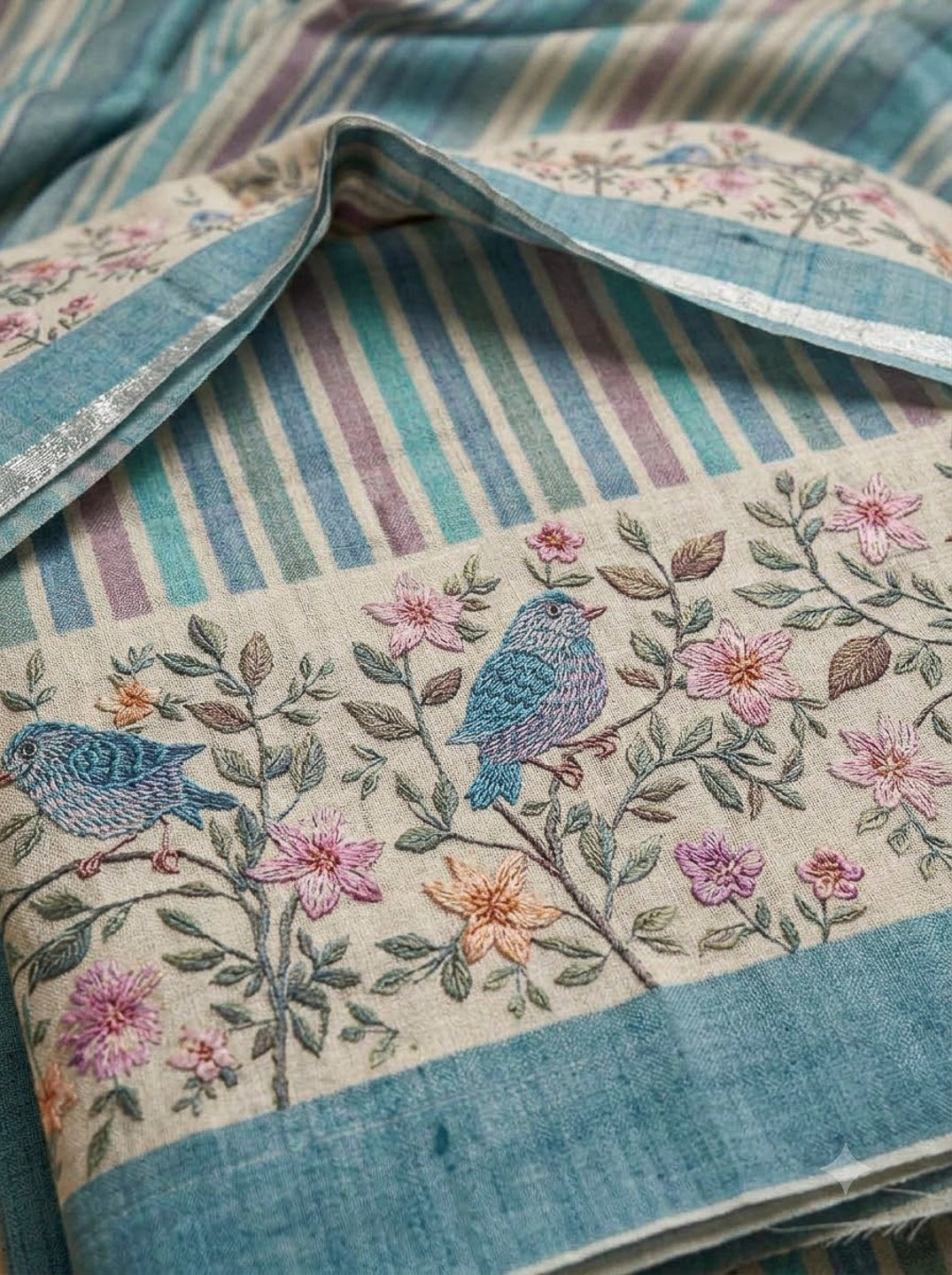 Blue Tussar Printed Unstitched Dress Material