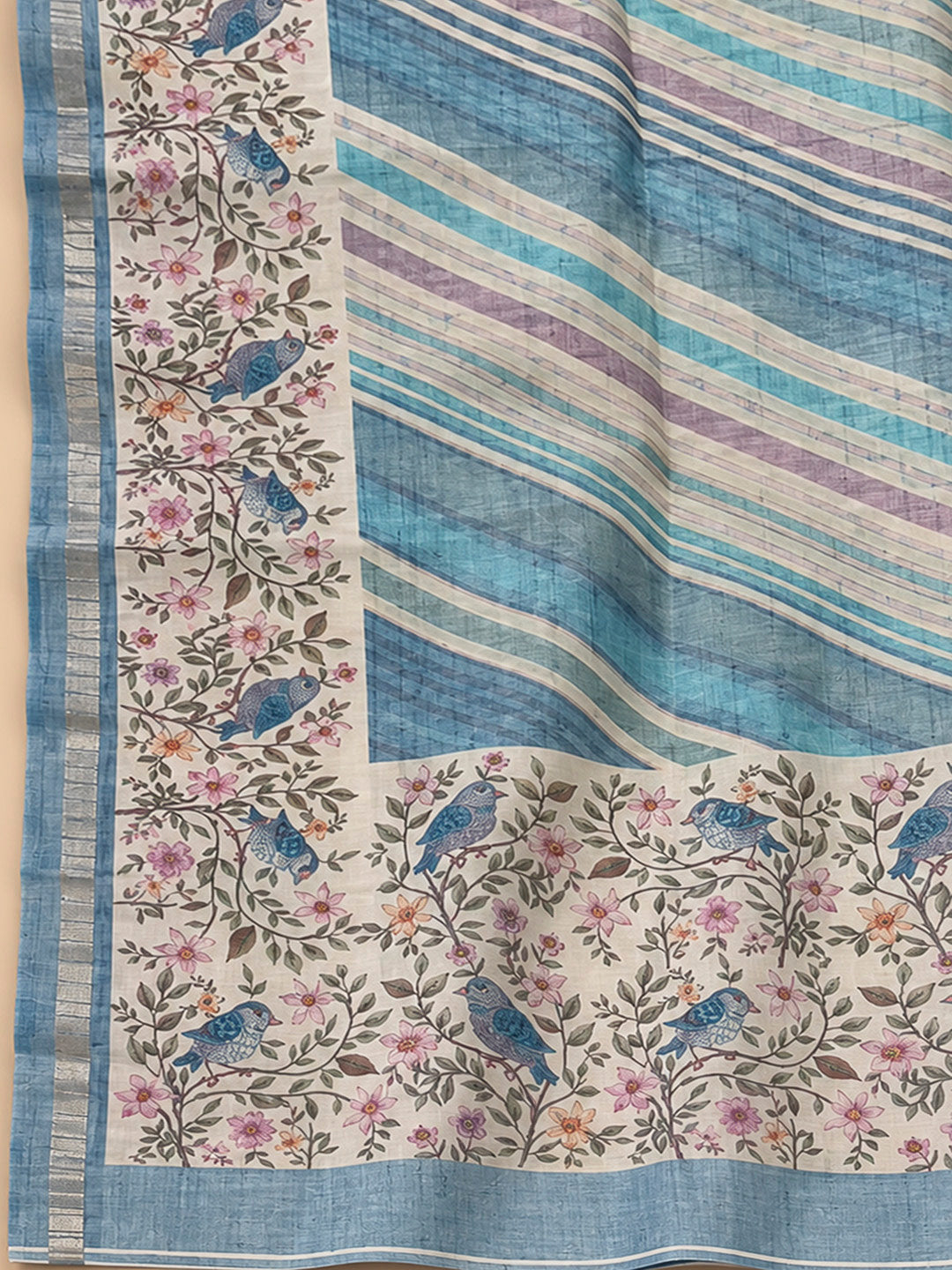 Blue Tussar Printed Unstitched Dress Material