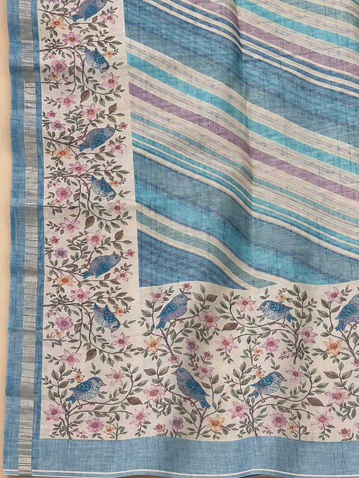 Blue Tussar Printed Unstitched Dress Material