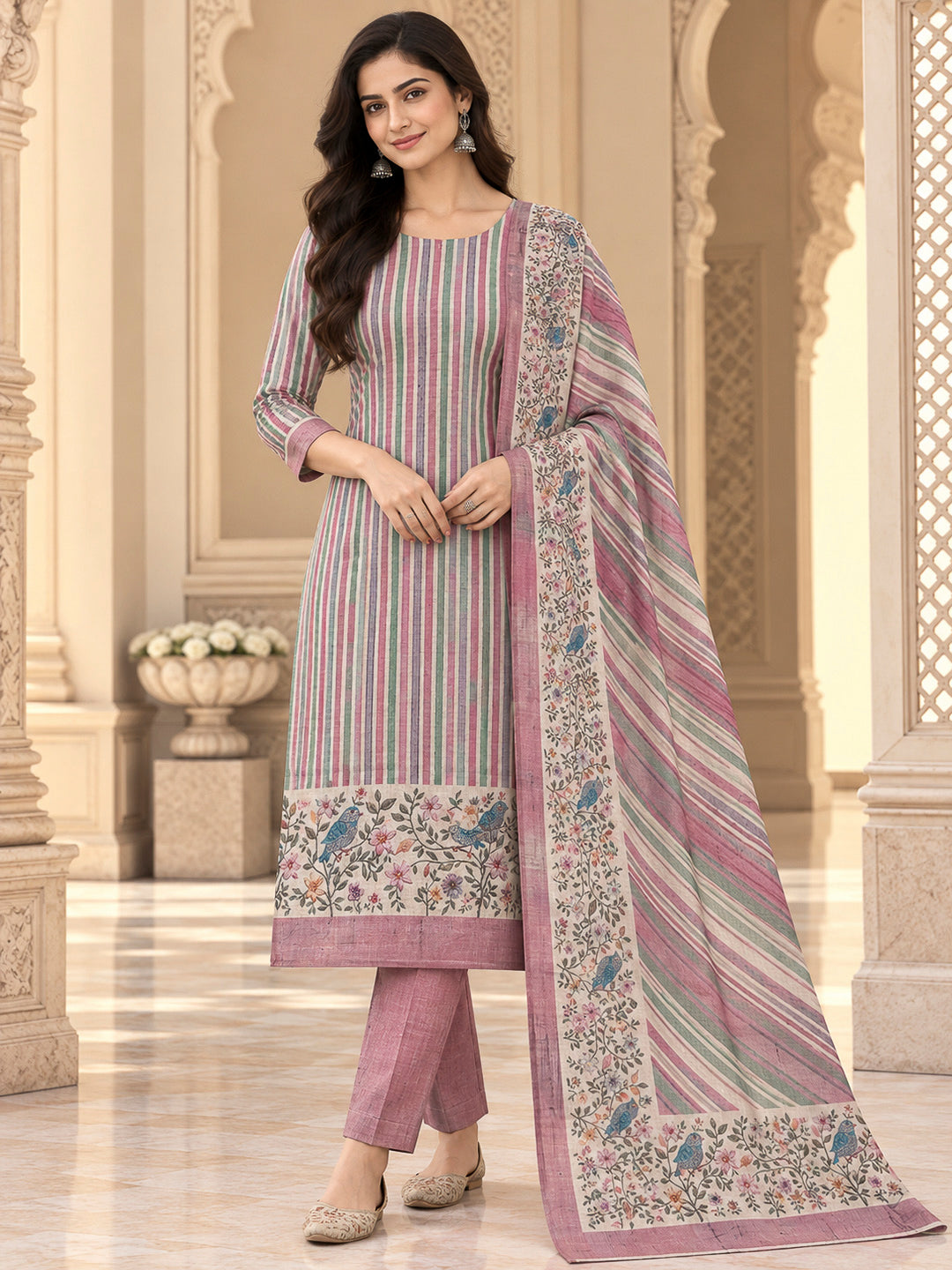 Onion Pink Tussar Printed Unstitched Dress Material