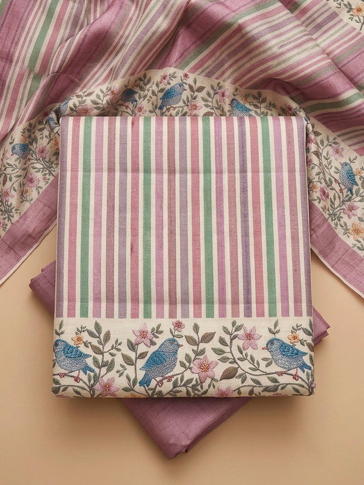 Onion Pink Tussar Printed Unstitched Dress Material