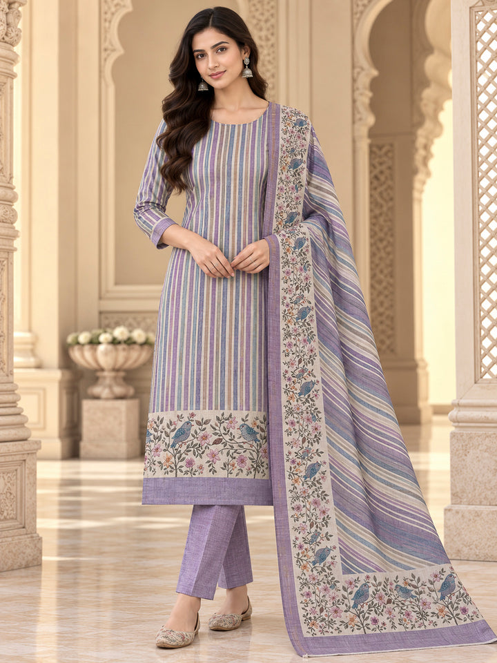 Purple Tussar Printed Unstitched Dress Material