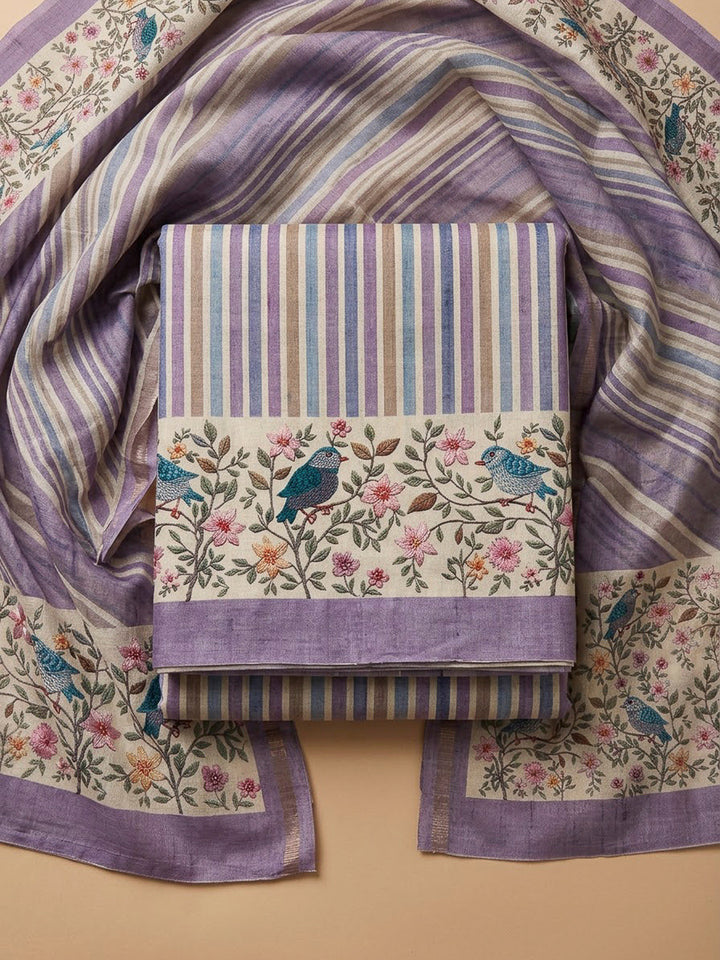 Purple Tussar Printed Unstitched Dress Material