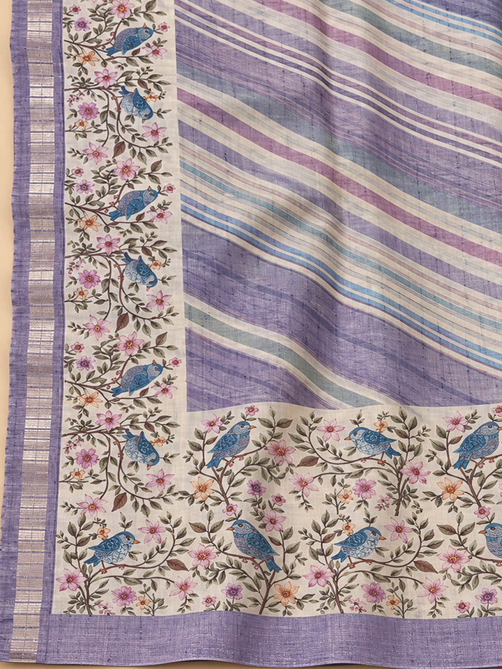 Purple Tussar Printed Unstitched Dress Material