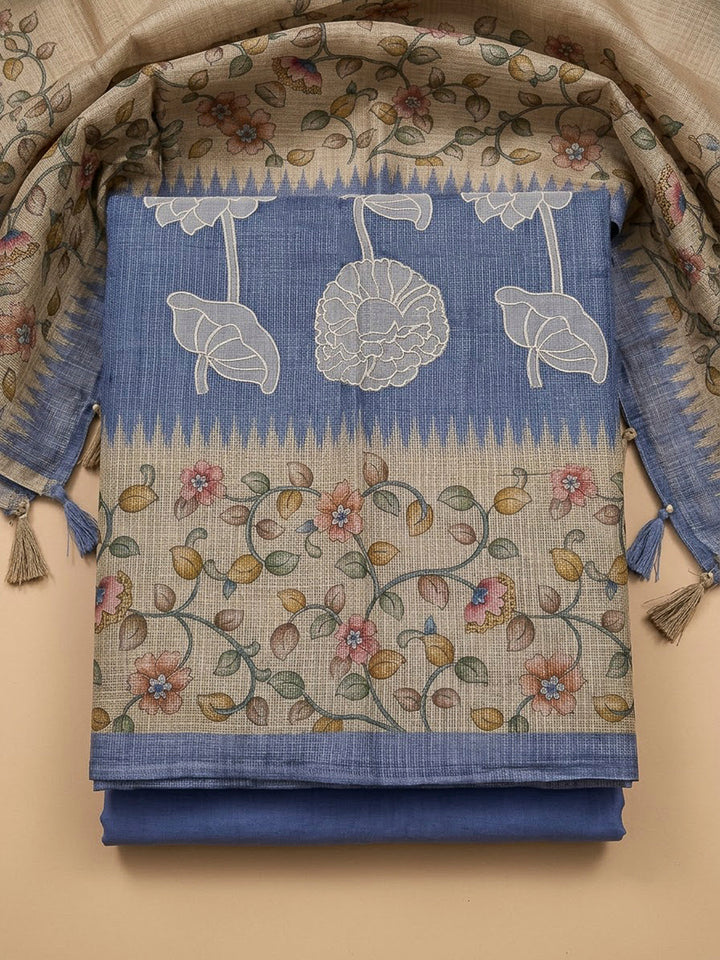 Blue Cotton Blend Printed Unstitched Dress Material