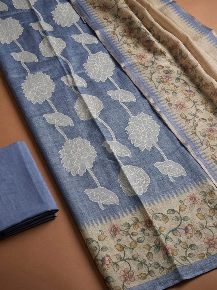 Blue Cotton Blend Printed Unstitched Dress Material