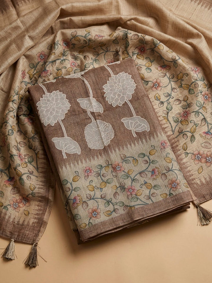 Brown Cotton Blend Printed Unstitched Dress Material