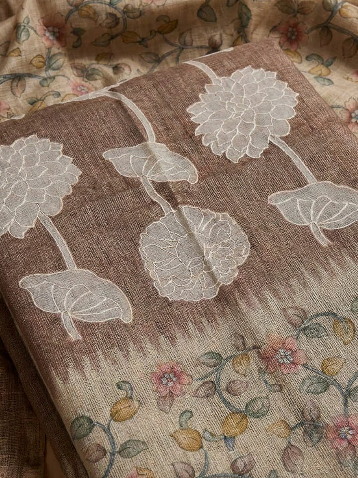 Brown Cotton Blend Printed Unstitched Dress Material