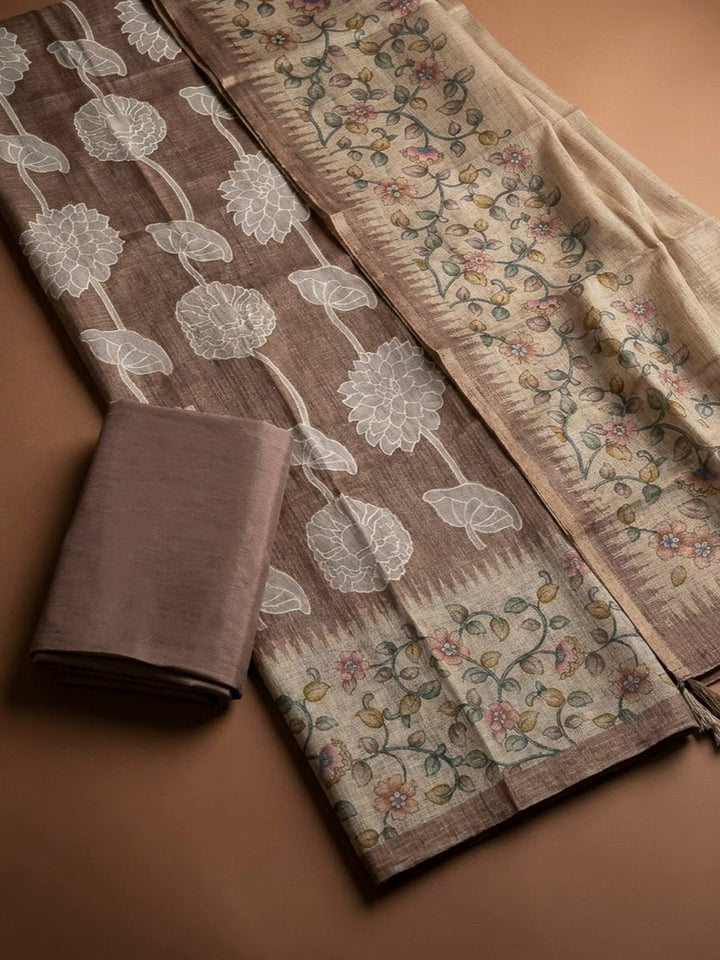 Brown Cotton Blend Printed Unstitched Dress Material
