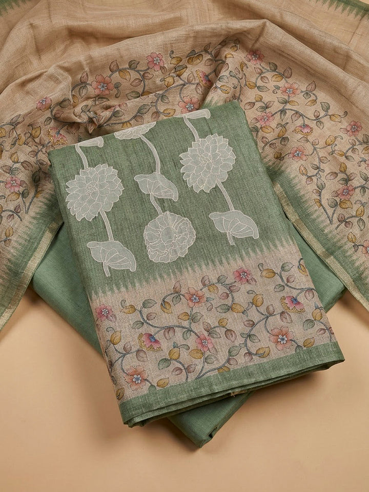 Pista Green Cotton Blend Printed Unstitched Dress Material