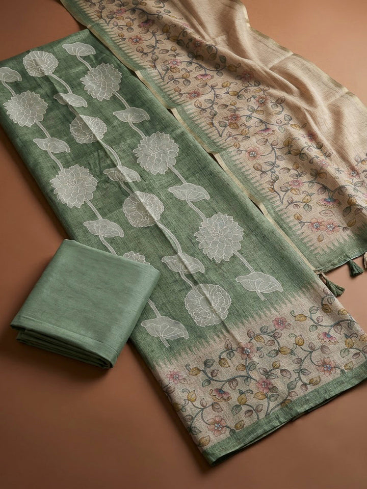Pista Green Cotton Blend Printed Unstitched Dress Material