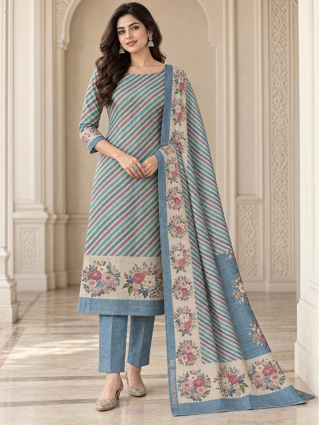 Blue Tussar Printed Unstitched Dress Material