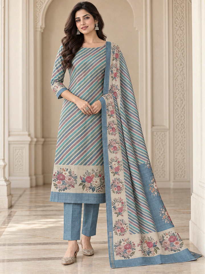 Blue Tussar Printed Unstitched Dress Material