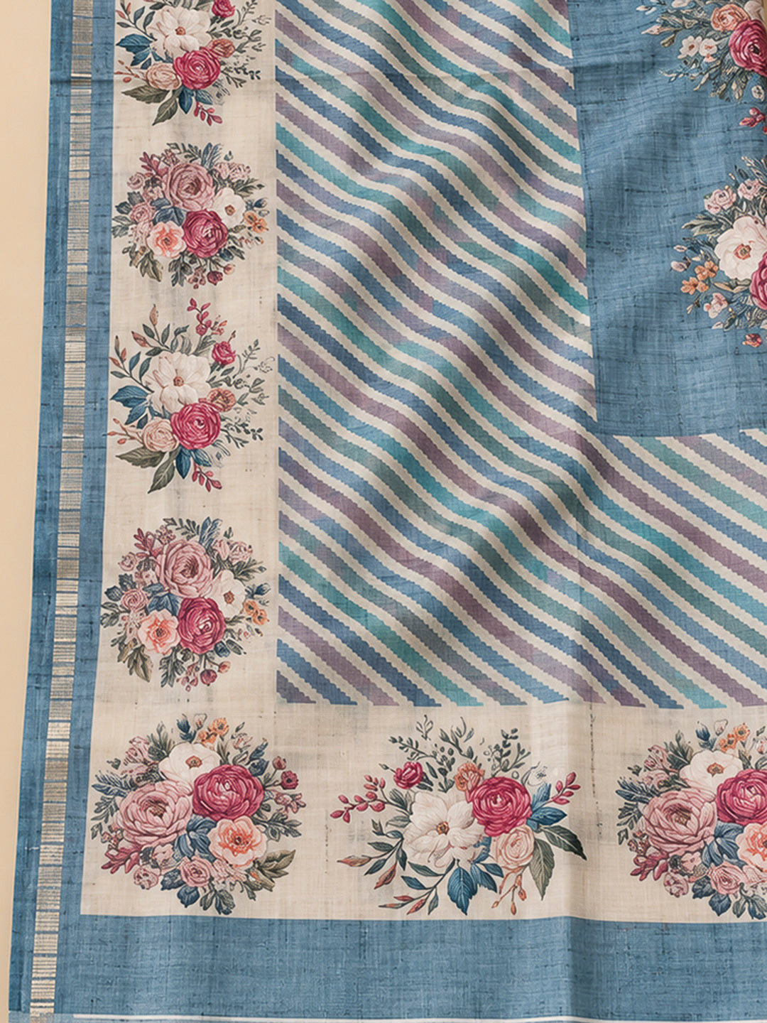 Blue Tussar Printed Unstitched Dress Material