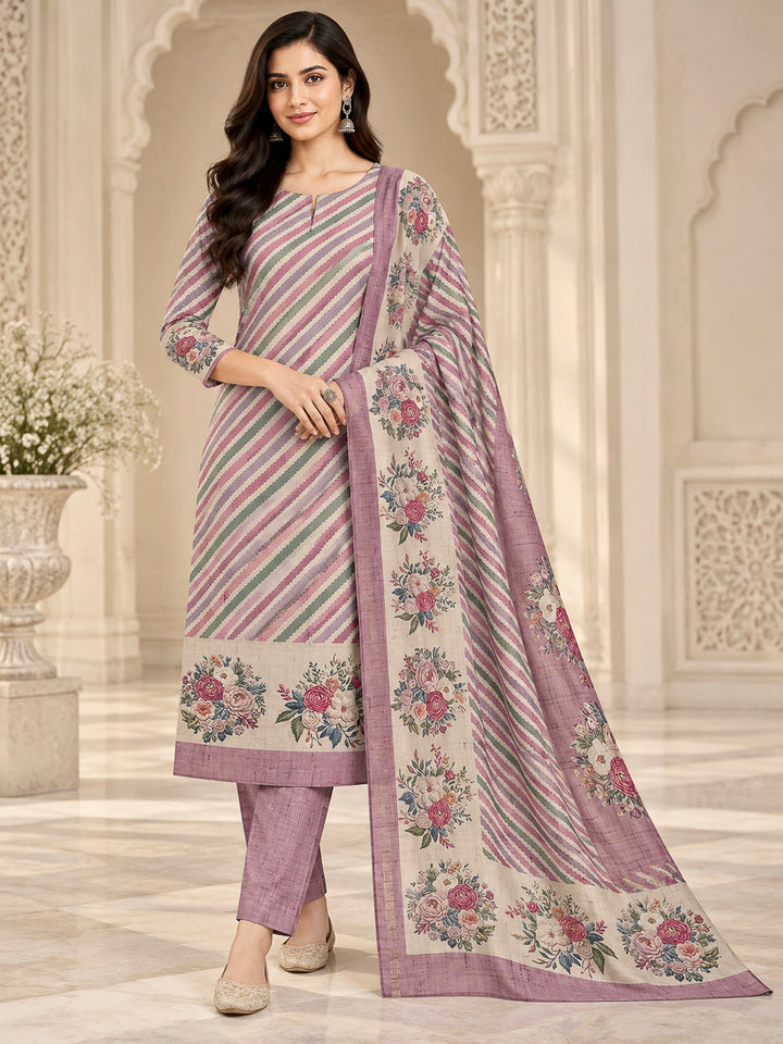 Onion Pink Tussar Printed Unstitched Dress Material
