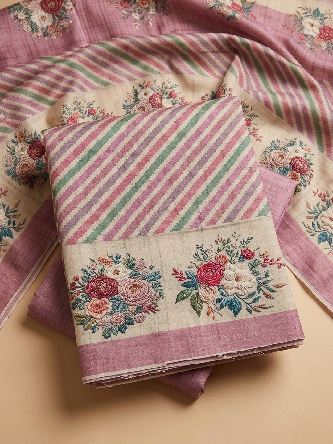 Onion Pink Tussar Printed Unstitched Dress Material
