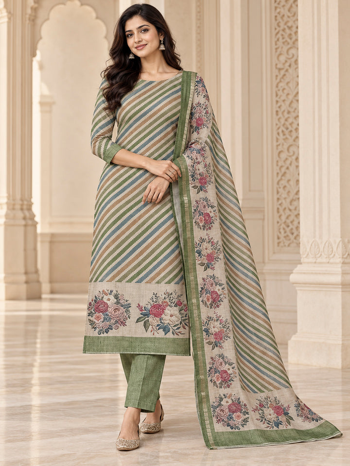 Pista Green Tussar Printed Unstitched Dress Material