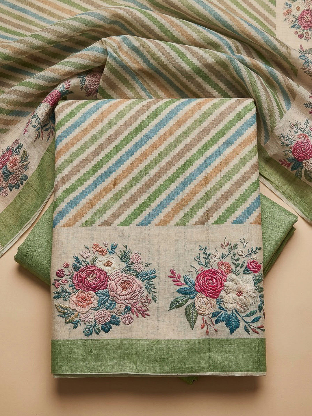 Pista Green Tussar Printed Unstitched Dress Material