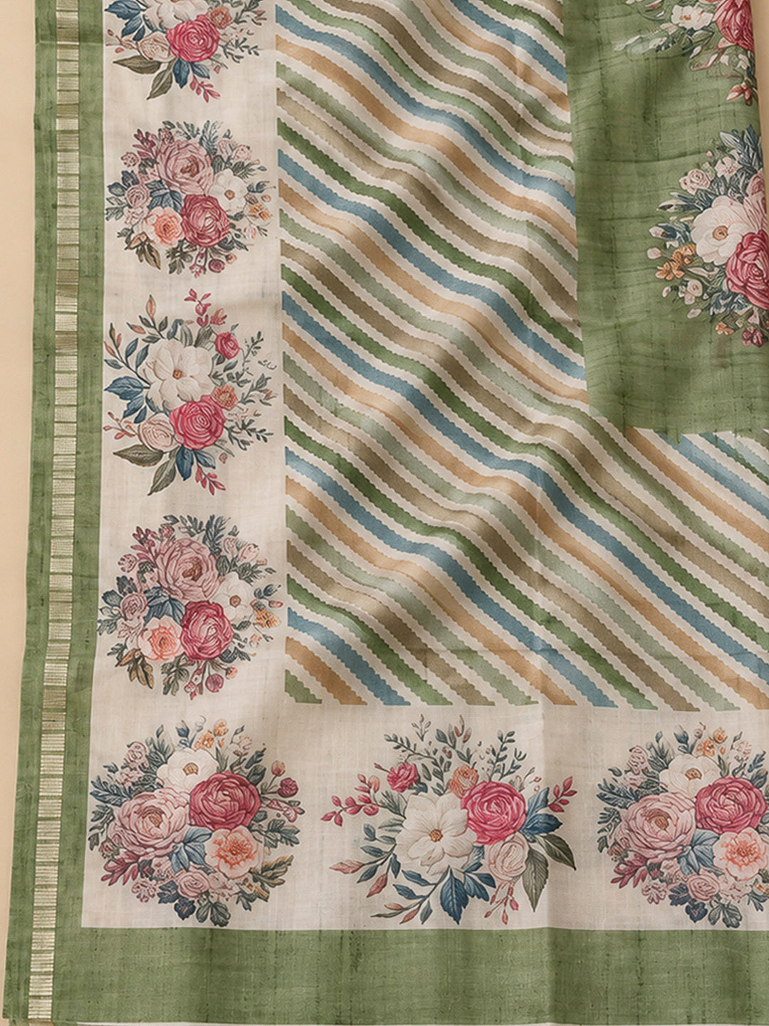Pista Green Tussar Printed Unstitched Dress Material