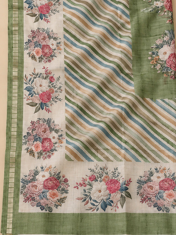 Pista Green Tussar Printed Unstitched Dress Material
