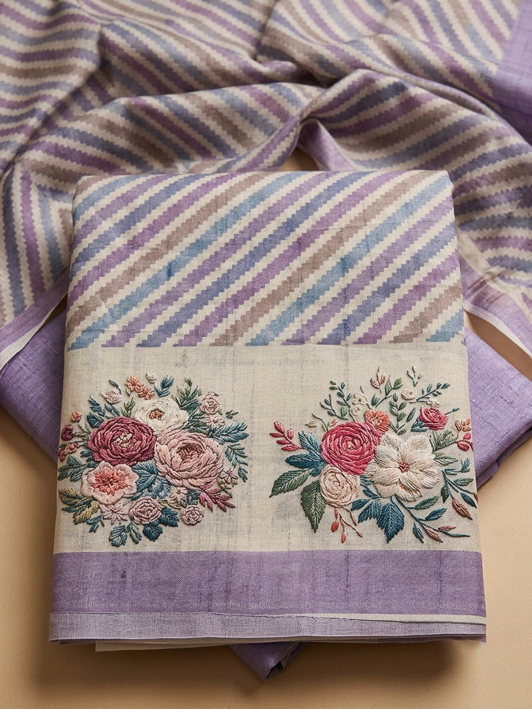 Purple Tussar Printed Unstitched Dress Material