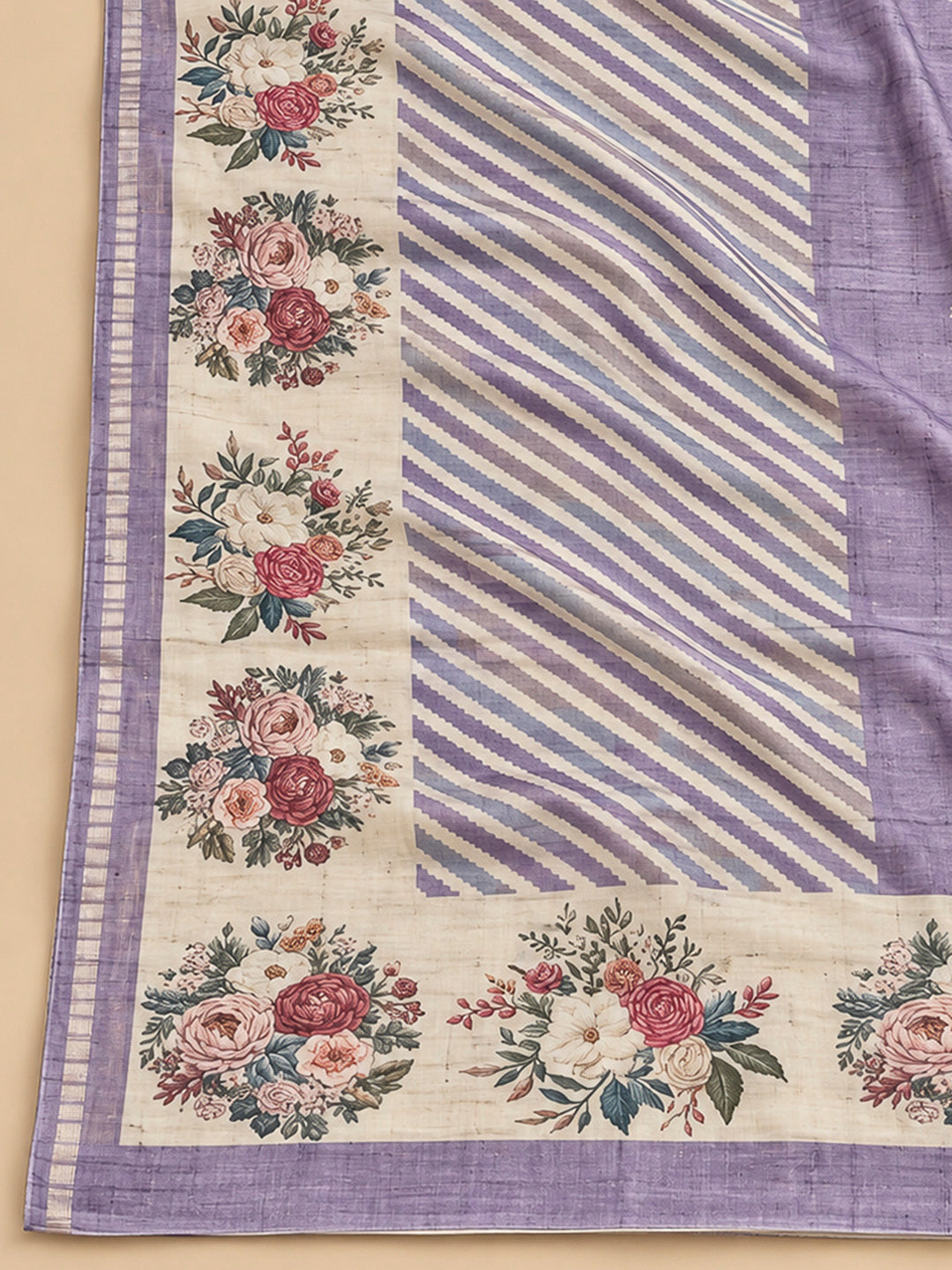 Purple Tussar Printed Unstitched Dress Material