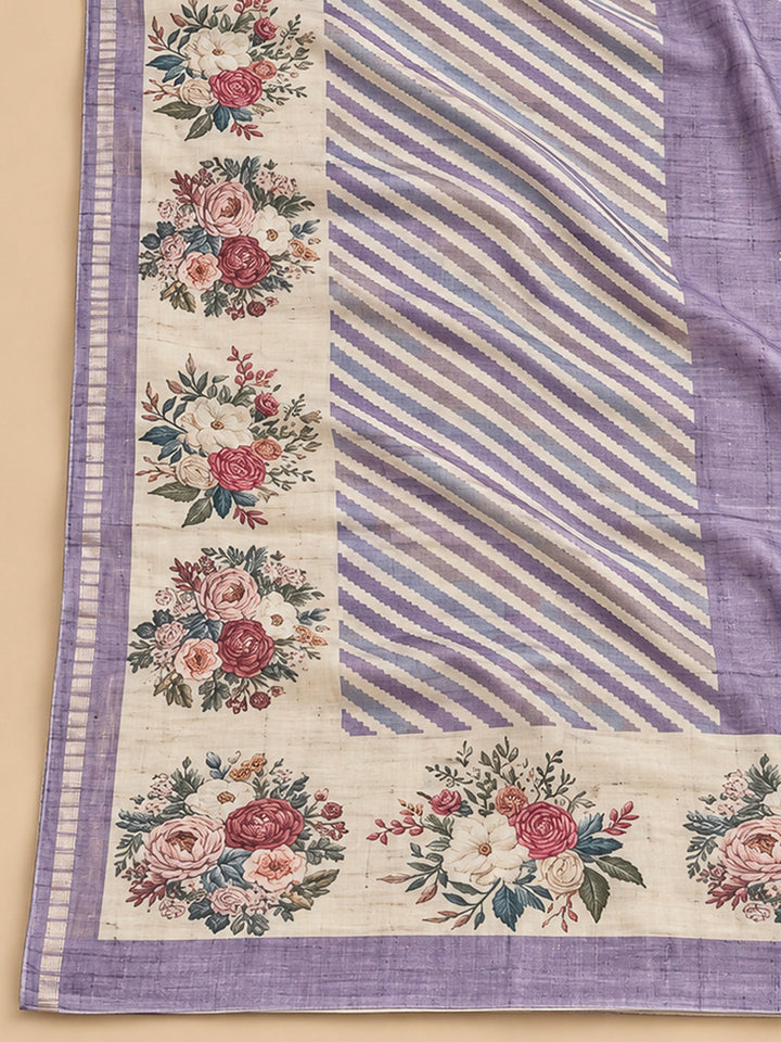 Purple Tussar Printed Unstitched Dress Material