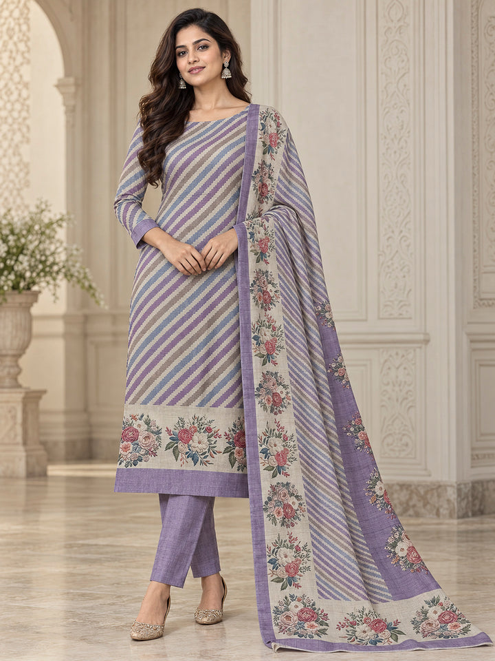 Purple Tussar Printed Unstitched Dress Material