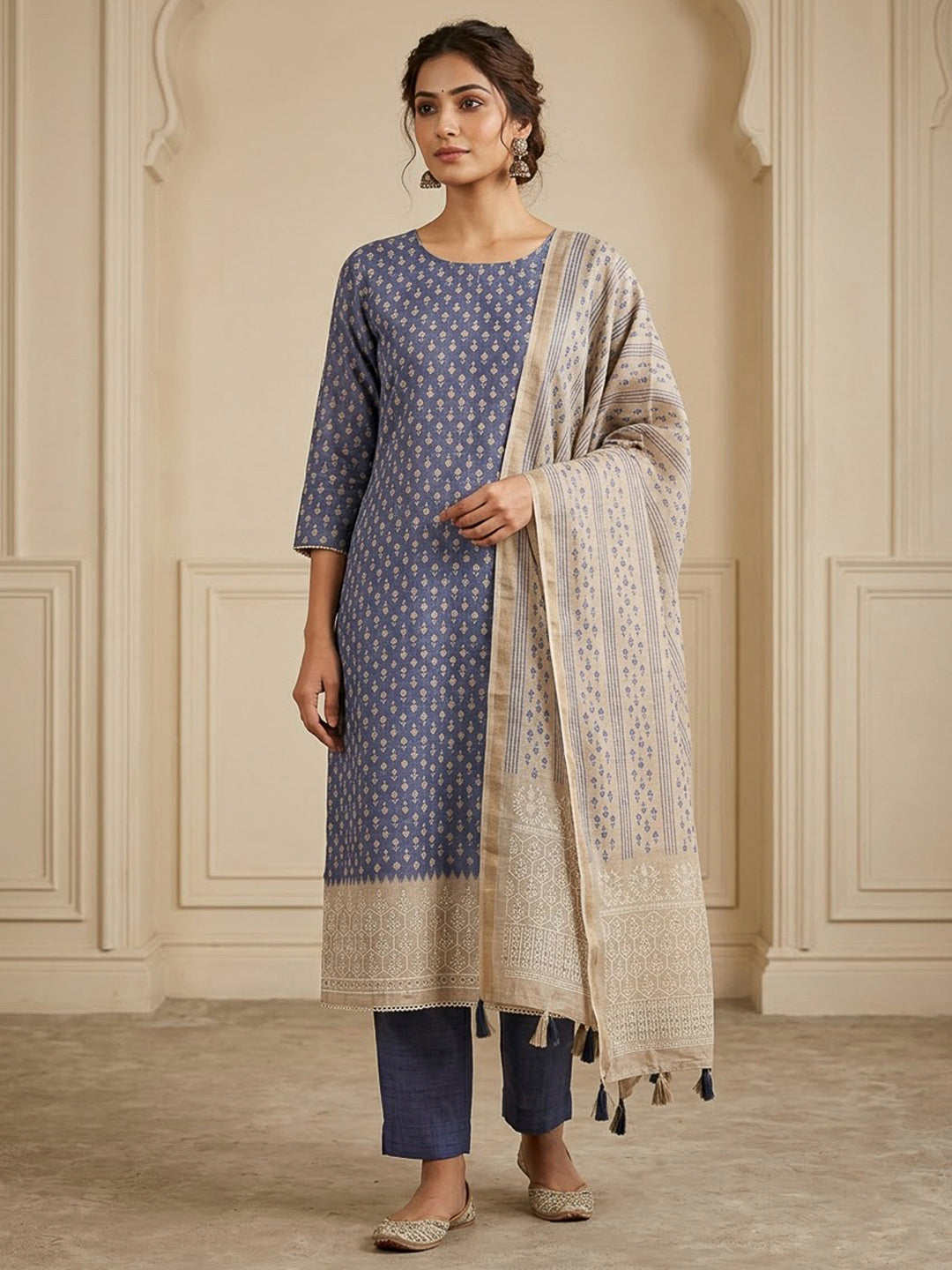 Blue Tussar Printed Unstitched Dress Material