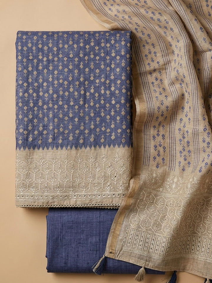 Blue Tussar Printed Unstitched Dress Material