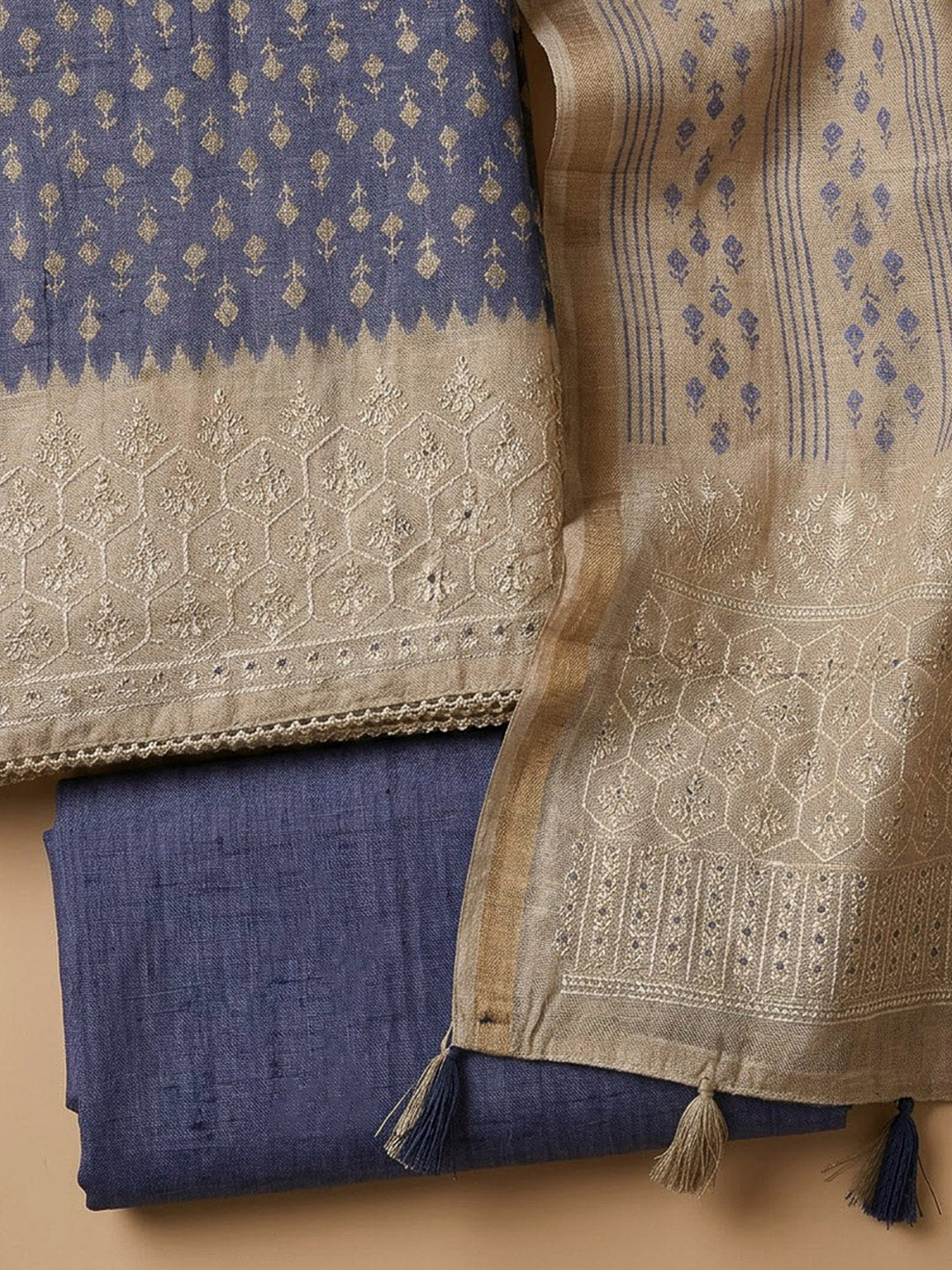 Blue Tussar Printed Unstitched Dress Material