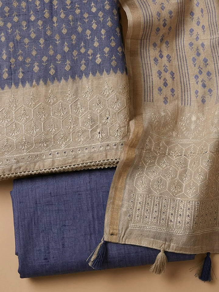 Blue Tussar Printed Unstitched Dress Material