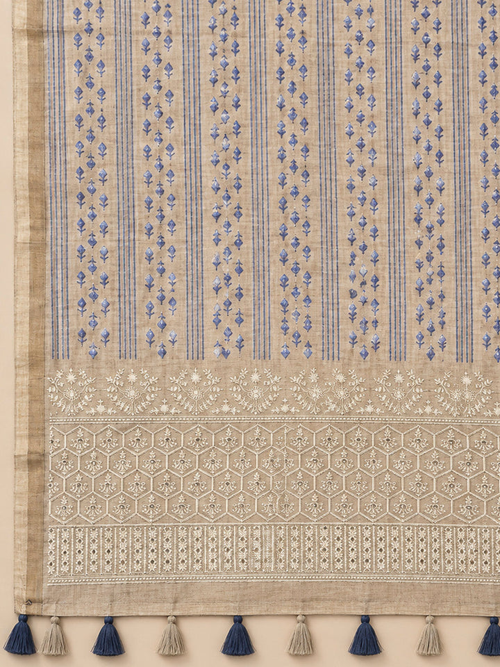 Blue Tussar Printed Unstitched Dress Material