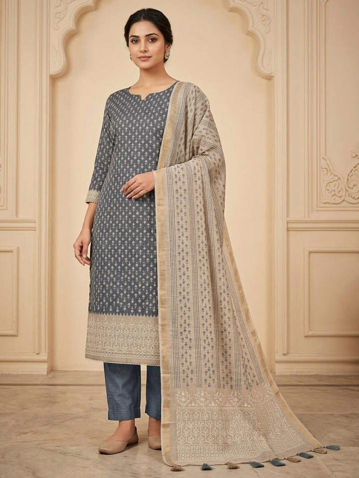 Grey Tussar Printed Unstitched Dress Material