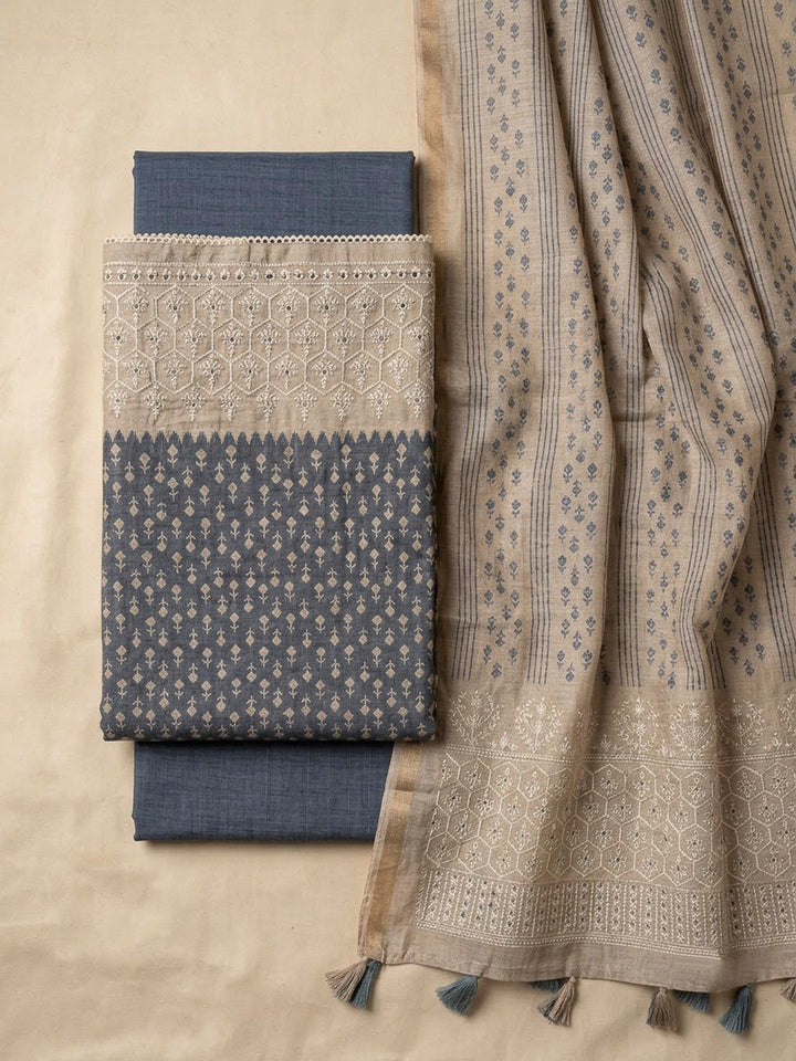 Grey Tussar Printed Unstitched Dress Material
