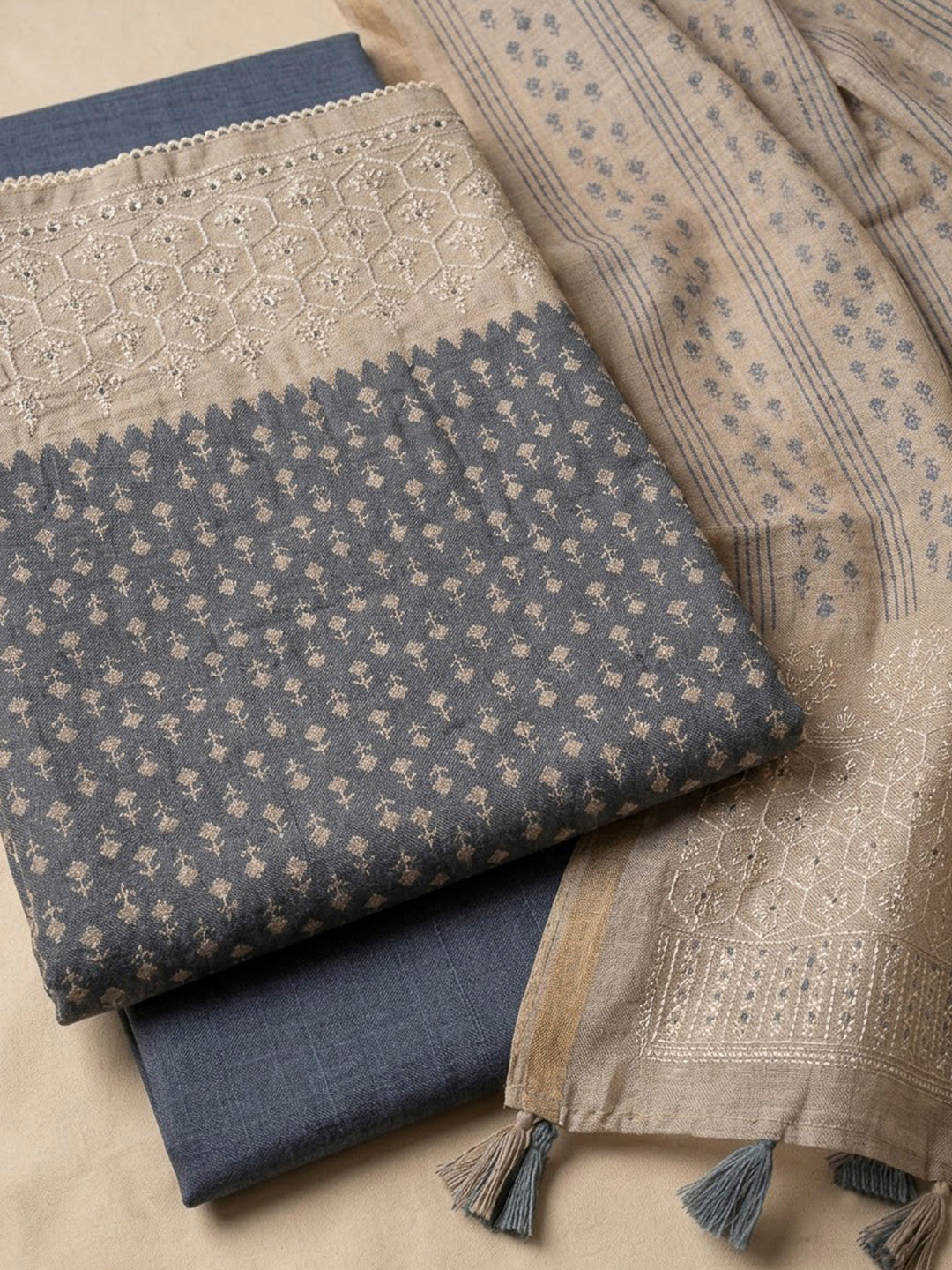 Grey Tussar Printed Unstitched Dress Material