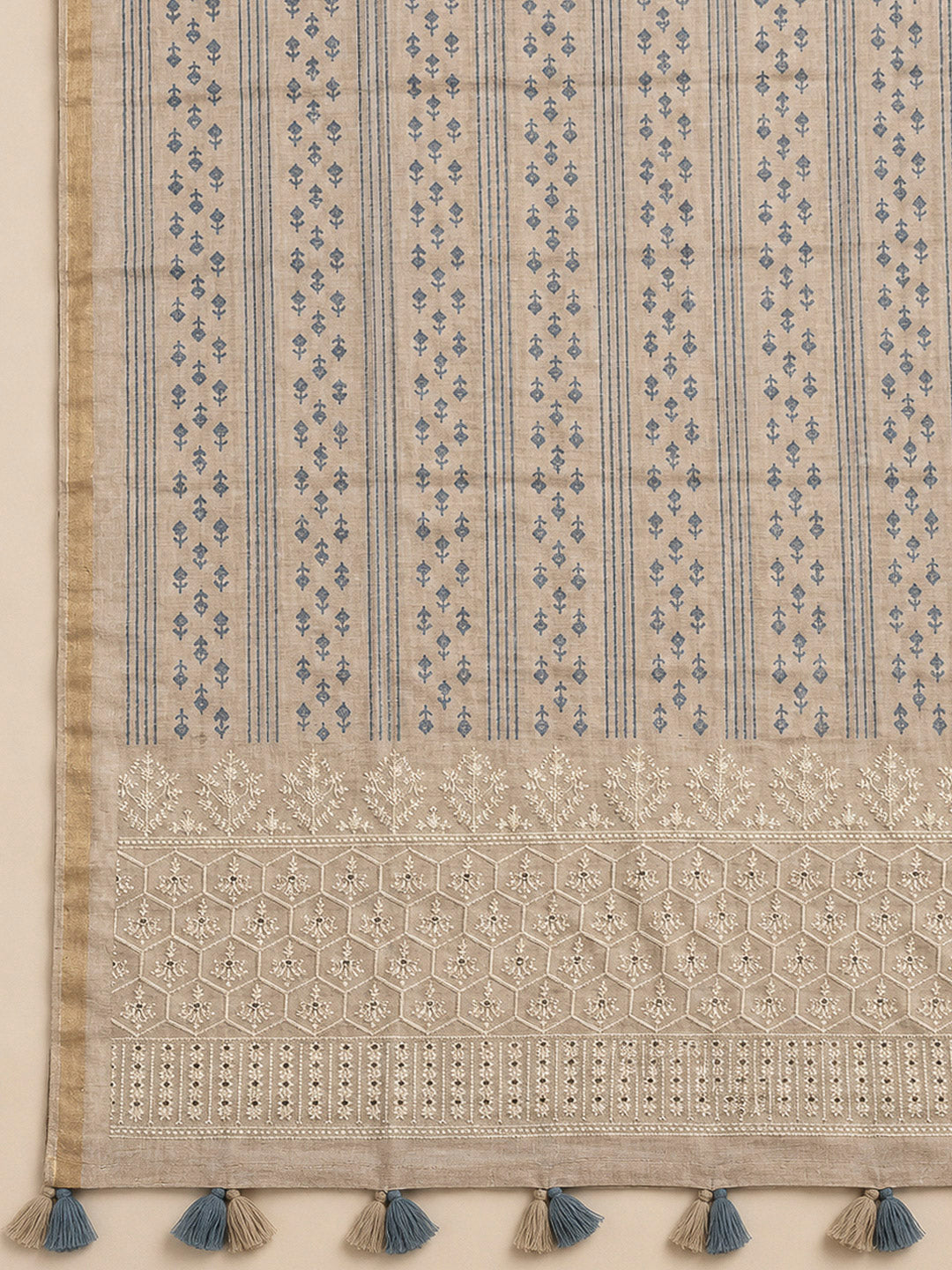 Grey Tussar Printed Unstitched Dress Material