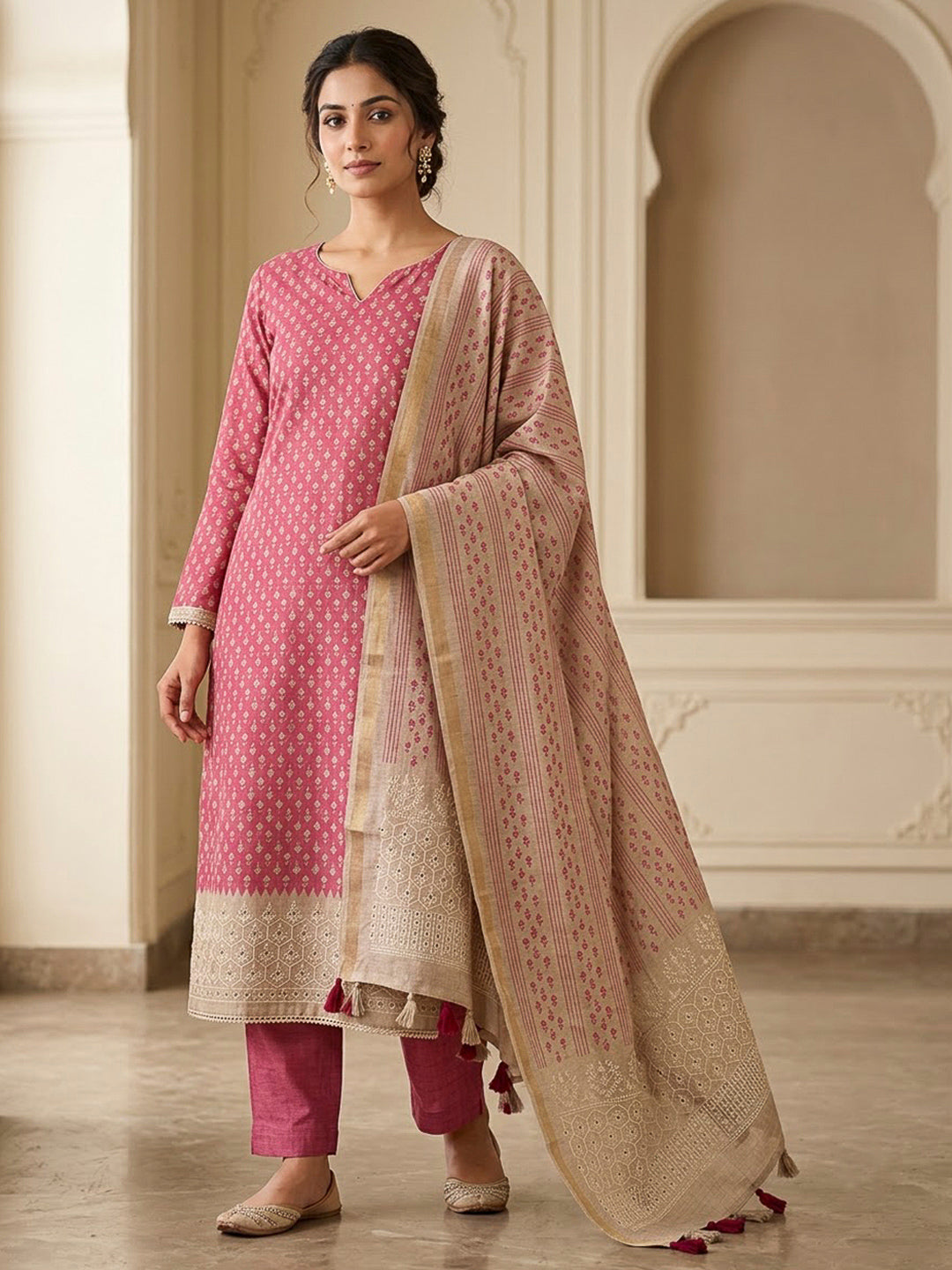 Onion Pink Tussar Printed Unstitched Dress Material