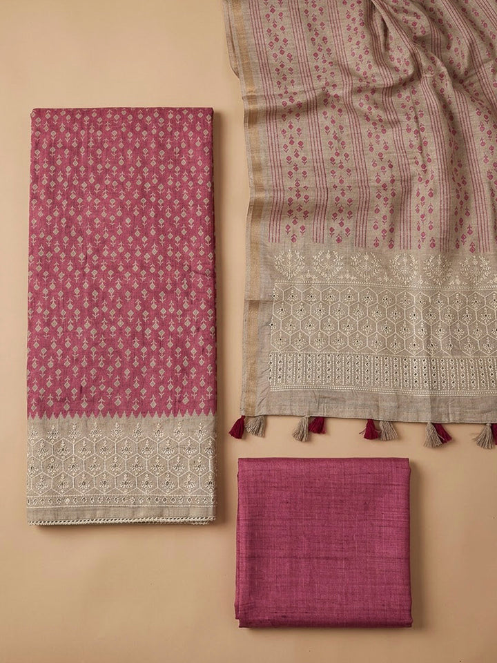Onion Pink Tussar Printed Unstitched Dress Material