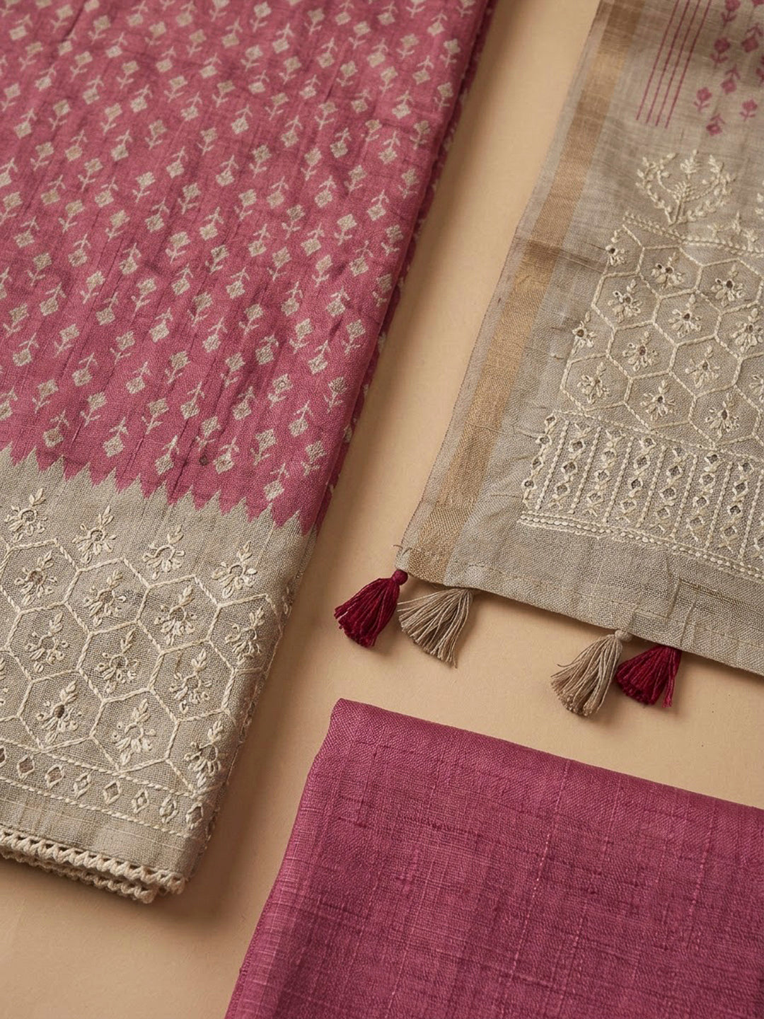 Onion Pink Tussar Printed Unstitched Dress Material