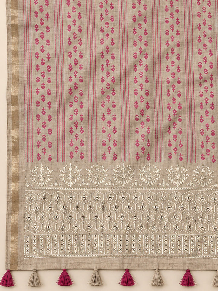 Onion Pink Tussar Printed Unstitched Dress Material